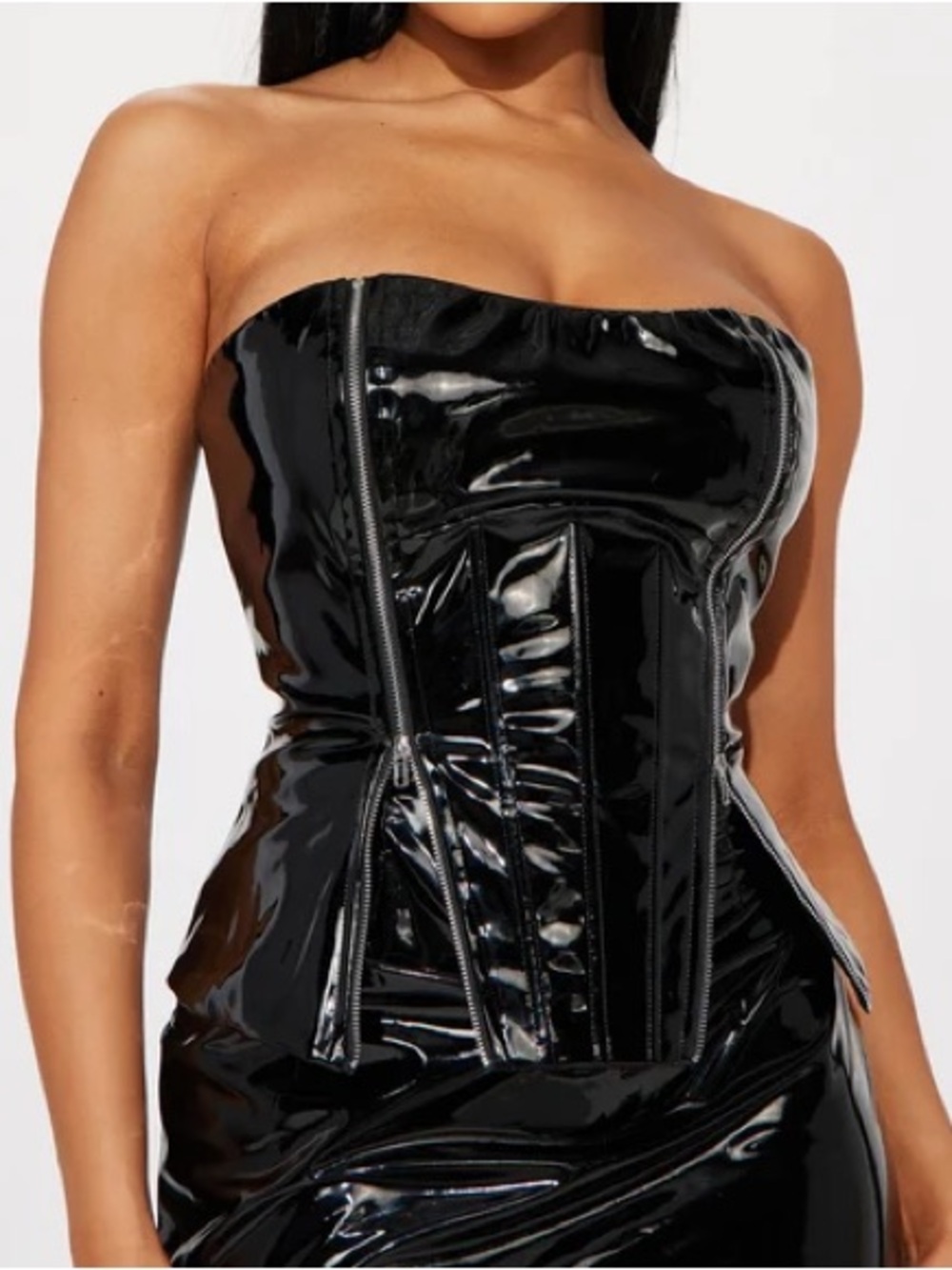 Fashion Nova Goth “Losin Control Latex” Black Patent Vinyl Zippered Corset Top